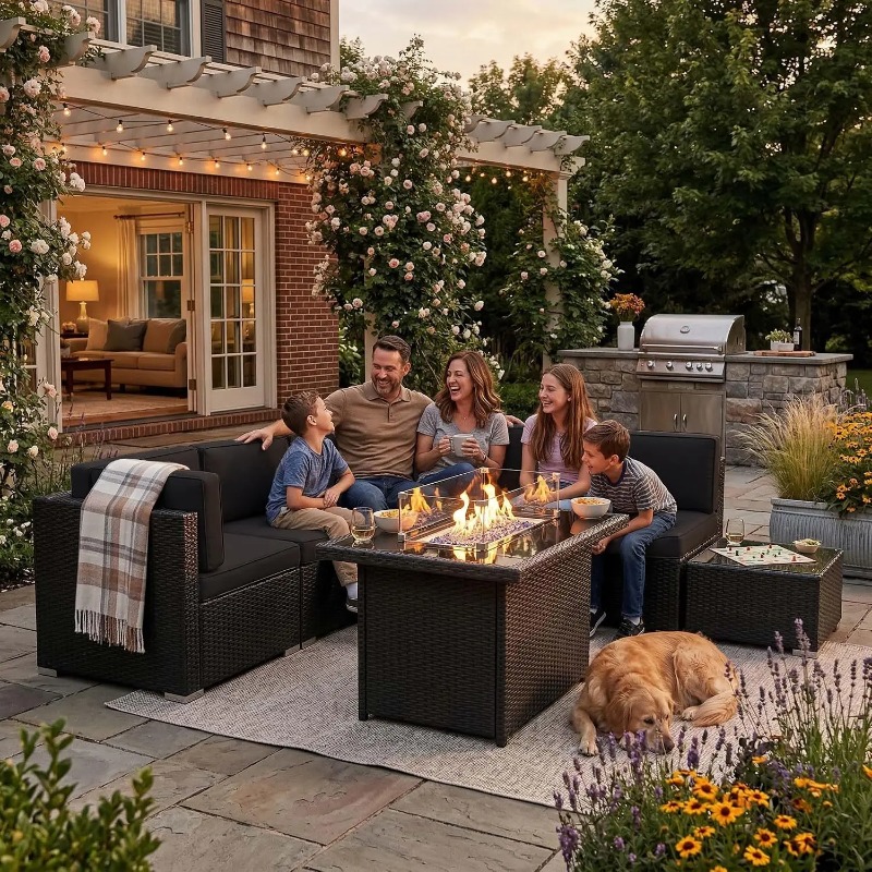 8-Piece Patio Wicker Sectional - Outdoor Furniture Fire Pit Set ulasan dan harga