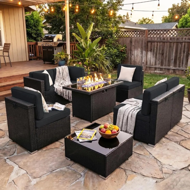 8-Piece Patio Wicker Sectional - Outdoor Furniture Fire Pit Set ulasan dan harga